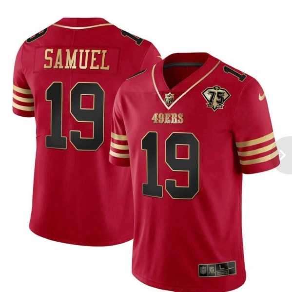 Men's San Francisco 49ers #19 Deebo Samuel Red With 75th Anniversary Patch Stitched Football Jersey Dzhi